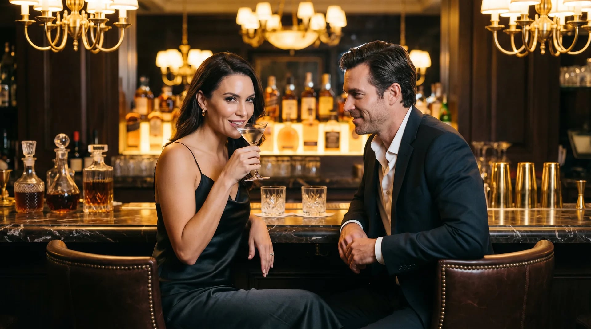 Casal elegante em encontro discreto no bar de um hotel